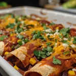 Close-up view of Black Bean Sweet Potato Enchiladas topped with cheese and cilantro.