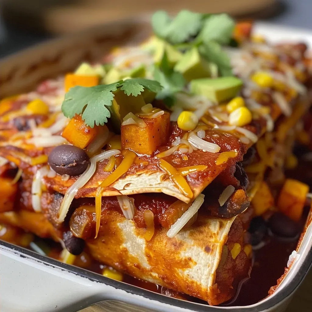 Side angle of a plate filled with Black Bean Sweet Potato Enchiladas, garnished with avocado.