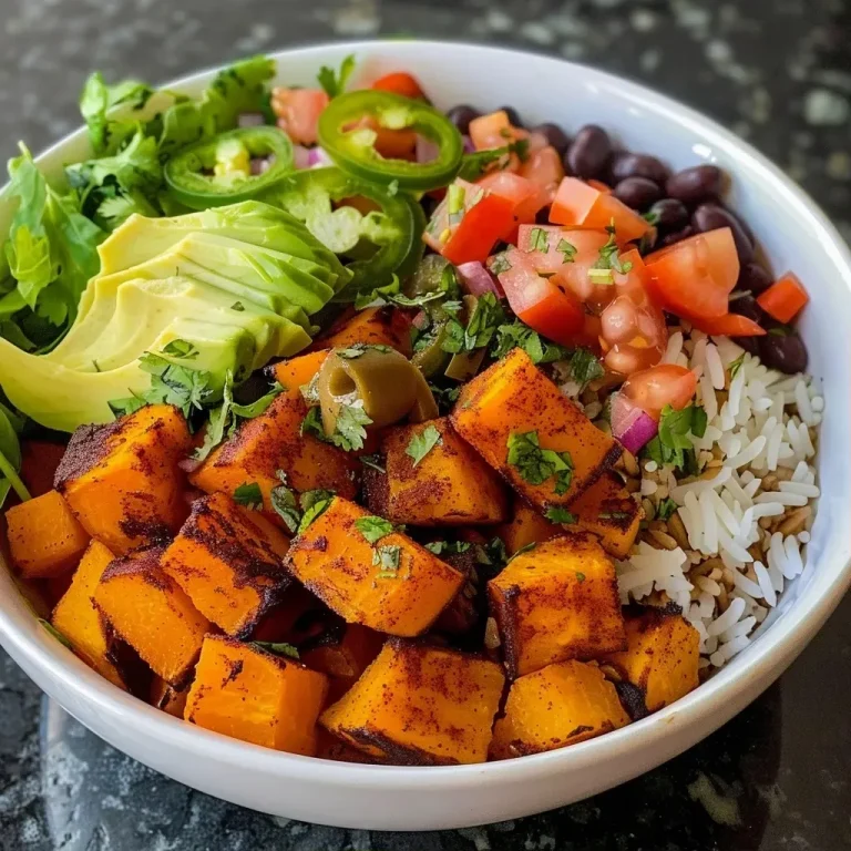 Whispers of Autumn: Blackened Butternut Squash Burrito Bowls with Mojo Sauce Close-up of a Blackened Butternut Squash Burrito Bowl topped with colorful ingredients.