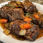 A close-up side view of braised short ribs on a plate, garnished with herbs and served with red wine garlic mash.
