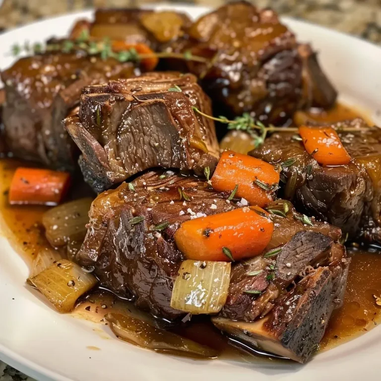 Embracing Comfort: Braised Short Ribs That Warm the Heart A close-up side view of braised short ribs on a plate, garnished with herbs and served with red wine garlic mash.