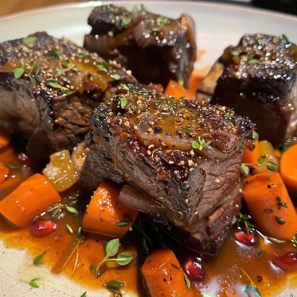 Juicy braised short ribs arranged with creamy garlic mash, highlighting rich colors and textures.