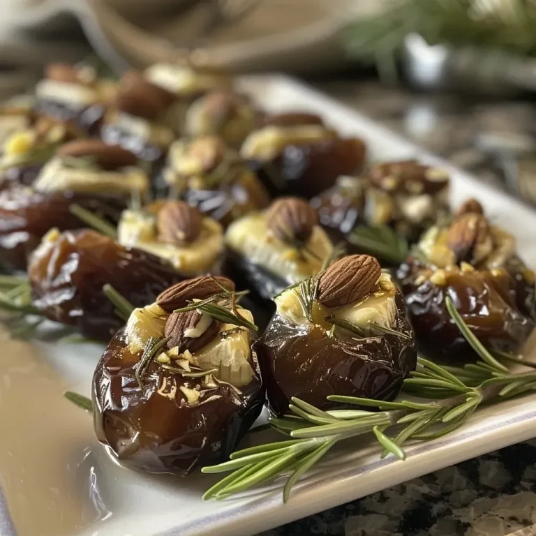 The Sweet and Savory Harmony of Brie Stuffed Dates Close-up of stuffed Medjool dates with brie cheese and crushed almonds.