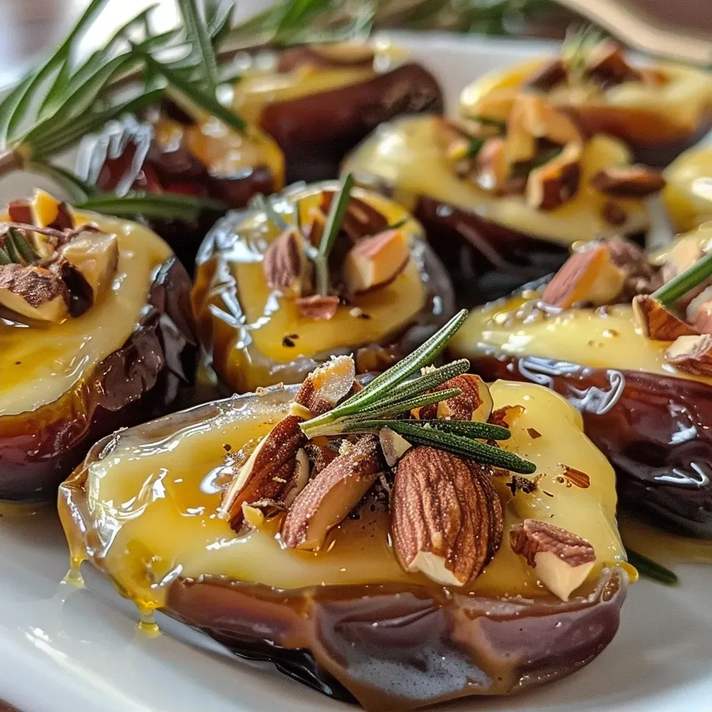Side view of juicy dates filled with creamy brie and garnished with rosemary.