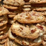 Close-up view of freshly baked brown butter maple pecan cookies, showcasing their golden-brown color and pecan toppings.