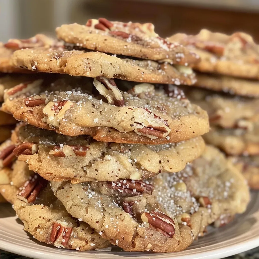 Side view of a batch of soft and chewy brown butter maple pecan cookies arranged on a wooden surface.