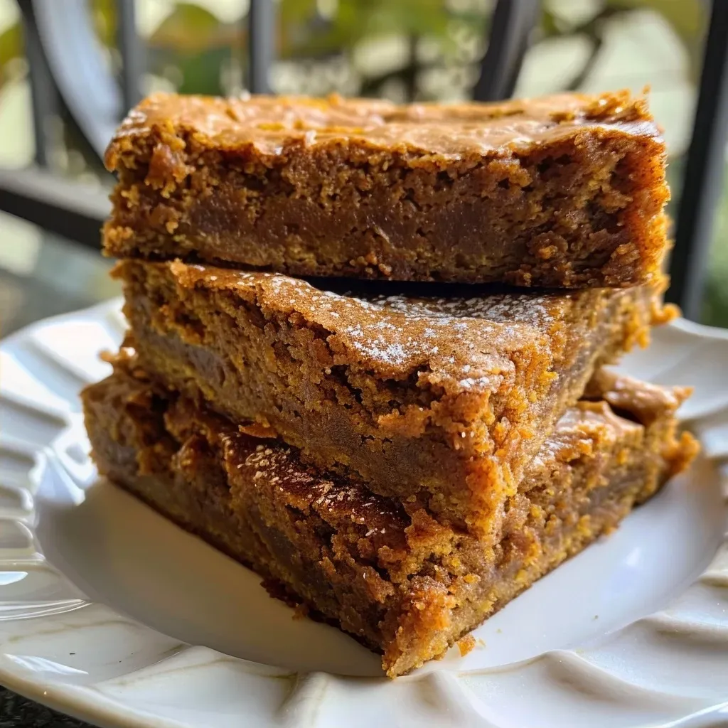 Side view of freshly baked brown butter pumpkin blondies, highlighting their moist and rich appearance.