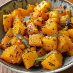 Close-up view of golden-brown roasted butternut squash with sage and garlic.