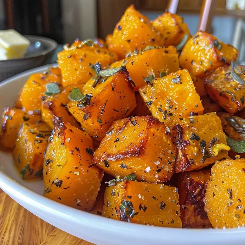 Bite-sized cubes of browned butter and sage roasted butternut squash, glistening in light.