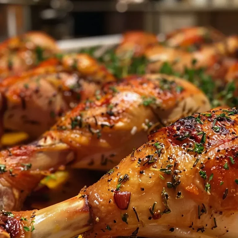 Juicy butter basted turkey legs and thighs garnished with fresh herbs.
