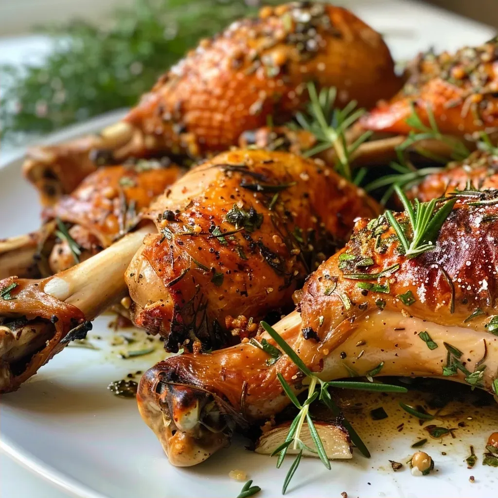 Close-up view of golden-brown turkey legs and thighs coated in butter.