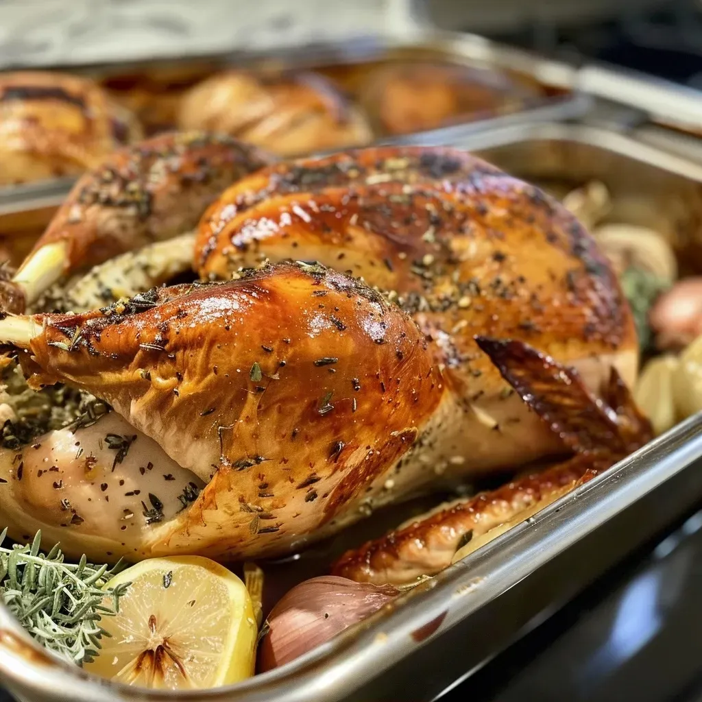 Juicy butter-roasted turkey displayed on a platter, garnished with herbs.