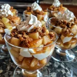 A close-up side view of a caramel apple trifle with layers of apples, cream, and granola.