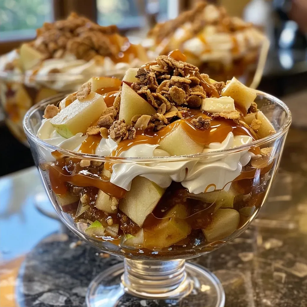Delicious caramel apple trifle showcasing diced apples and whipped cream in a clear glass.