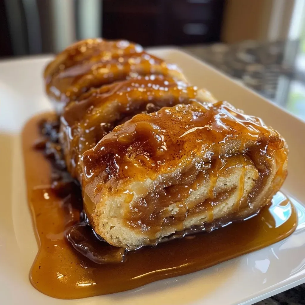 Detailed view of a caramel apple roll, highlighting its soft texture and shiny caramel glaze, with a hint of apple butter.