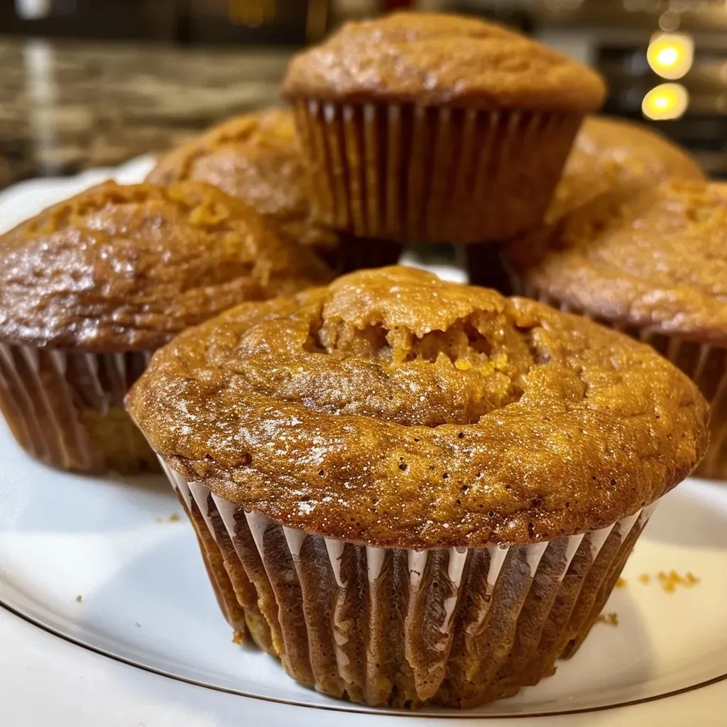 Side view of a moist pumpkin muffin featuring chai spices, highlighting its texture.