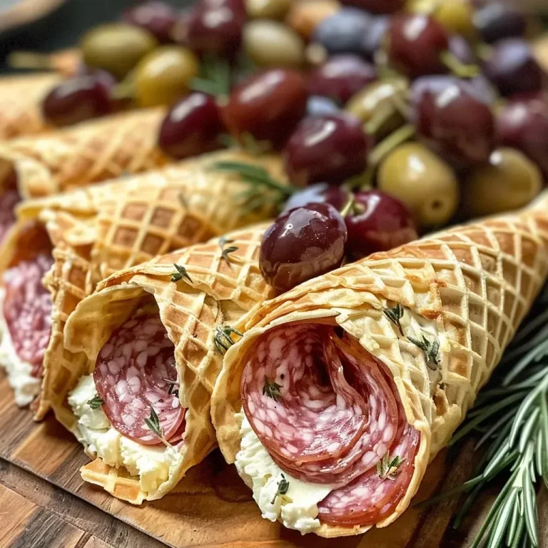 A Whimsical Journey of Flavor: Crafting Charcuterie Cones with Love A close-up side view of a charcuterie cone filled with salami, creamy cheese, olives, grapes, and rosemary.