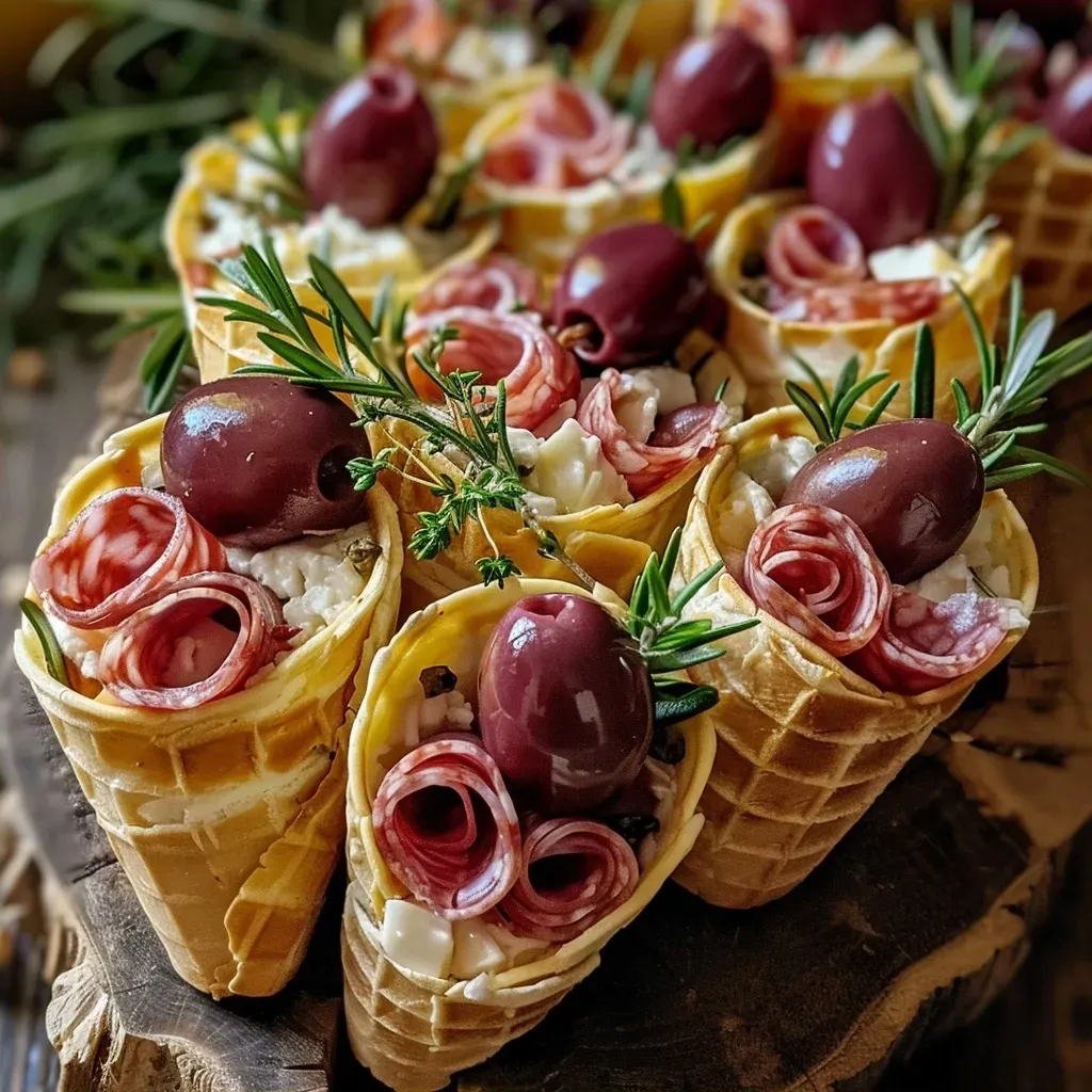 A detailed view of a charcuterie cone showing a variety of meats and cheeses along with fresh fruits and herbs.