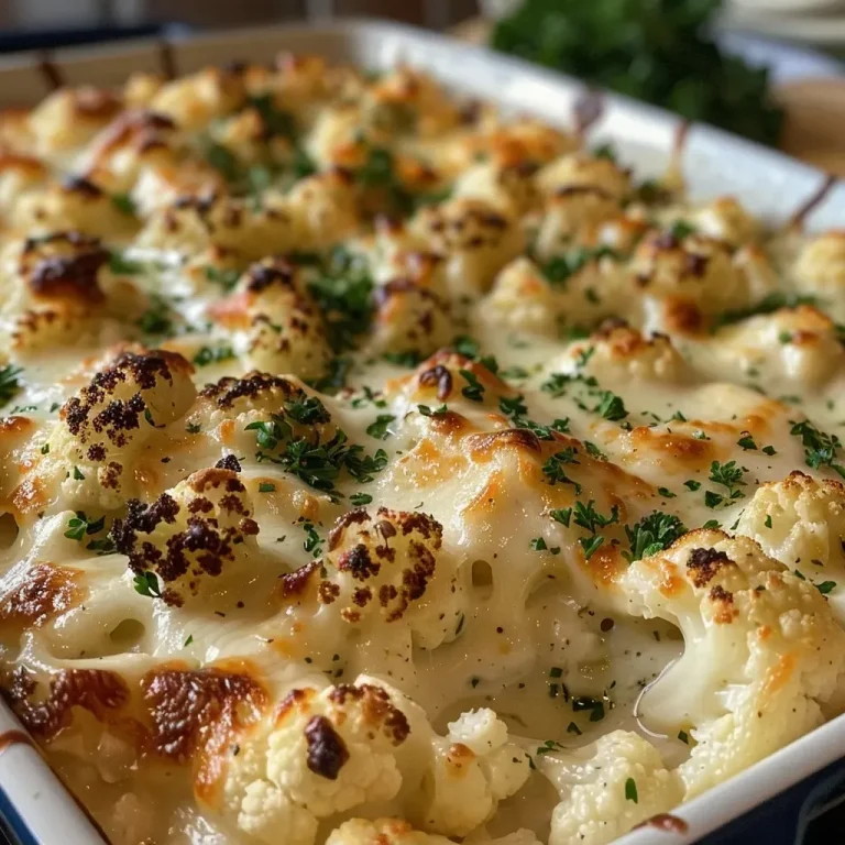 The Cauliflower Bake That Wraps You in a Warm Embrace Close-up view of a Cheesy Cauliflower Alfredo Bake with bubbling cheese on top.