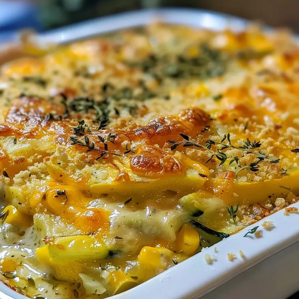 Side view of a baked casserole dish filled with layers of zucchini, squash, and melted cheese.
