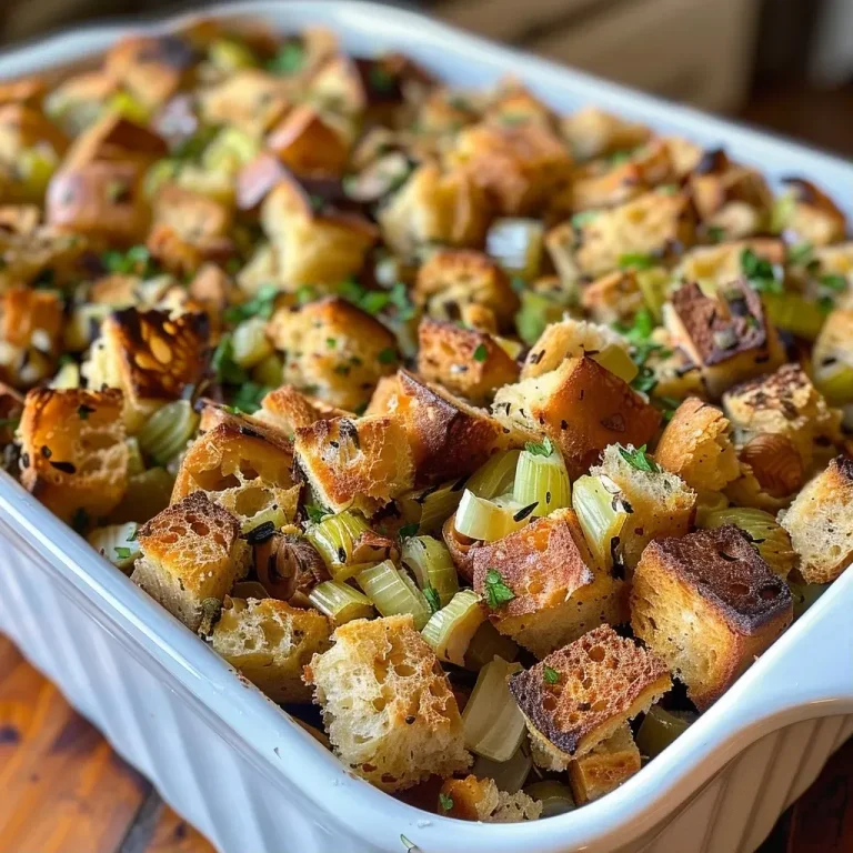 Close-up view of golden brown chestnut and herb bread stuffing with visible herbs and chunks of chestnuts.