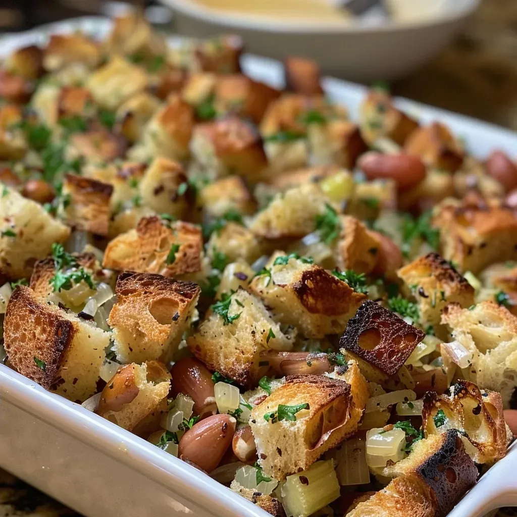 Side angle shot of a dish filled with bread stuffing, featuring pieces of chestnut and garnishes of fresh herbs.