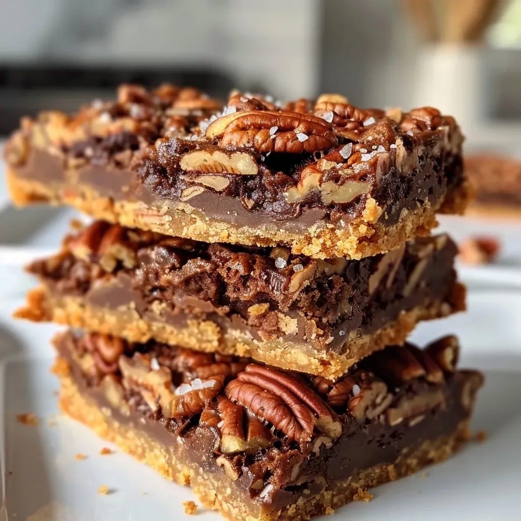 Juicy chocolate pecan pie bars displayed in a mouth-watering close-up view.