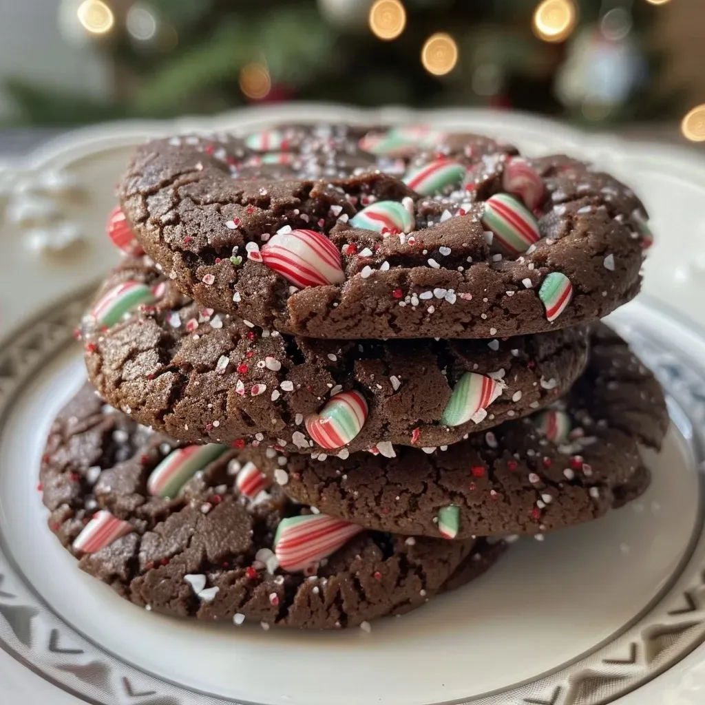 Side view of delicious chocolate peppermint crinkle cookies, featuring a cracked exterior dusted with crushed candy canes.