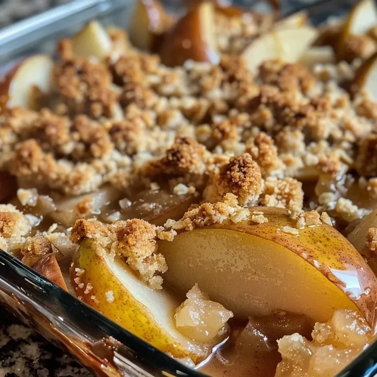 Whispers of Autumn: A Cinnamon Pear Crumble to Savor Close-up view of a freshly baked cinnamon pear crumble with a golden-brown topping.