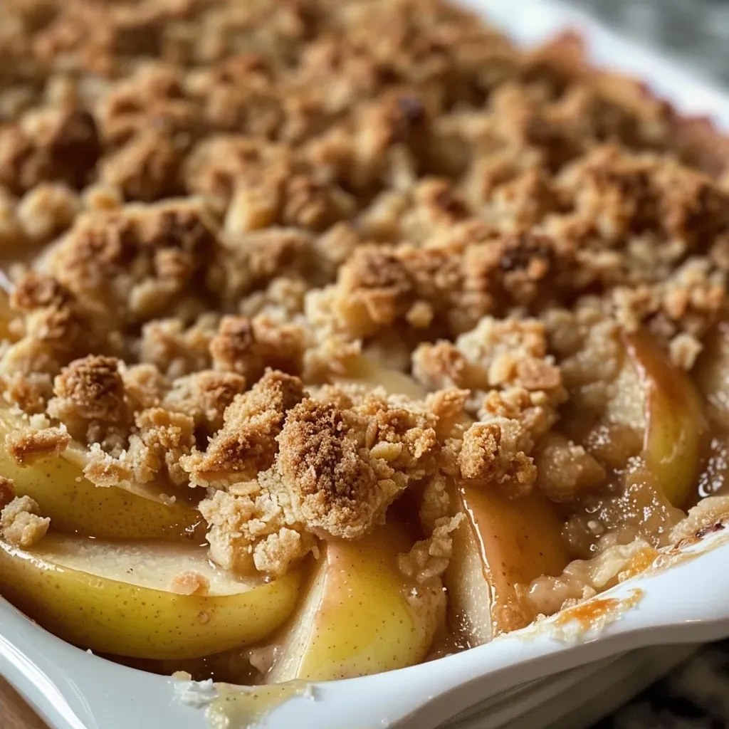 Side view of a delicious cinnamon pear crumble, showcasing its fluffy topping and juicy filling.