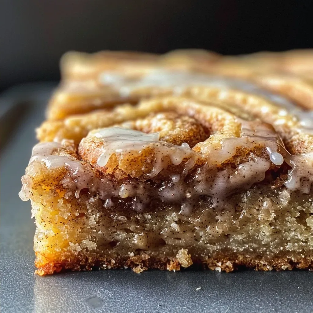A side view of Cinnamon Roll Cookie Bars showcasing the gooey filling.