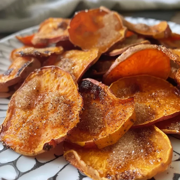 Sweet Crunches of Nostalgia: Cinnamon Sugar Sweet Potato Chips Close-up view of golden-brown sweet potato chips coated in cinnamon sugar.