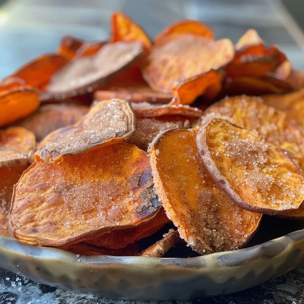 Side angle photo of crispy cinnamon sugar sweet potato chips on a white plate.