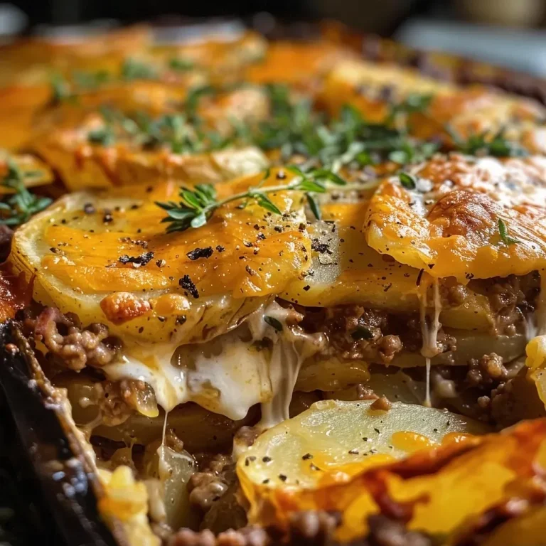 A Heartfelt Journey Through Layers: Classic Beef and Potato Casserole Side view of a hearty beef and potato casserole with golden cheese on top.