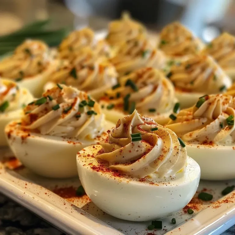 Close-up side view of creamy deviled eggs garnished with paprika and chives.