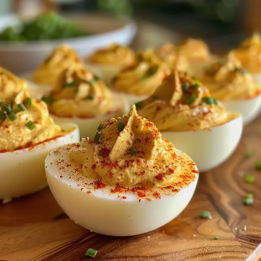 A plate of classic deviled eggs, showing creamy filling and spices on top.