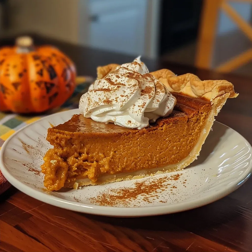 Side view of a freshly baked pumpkin pie, showcasing a leaf-shaped crust.