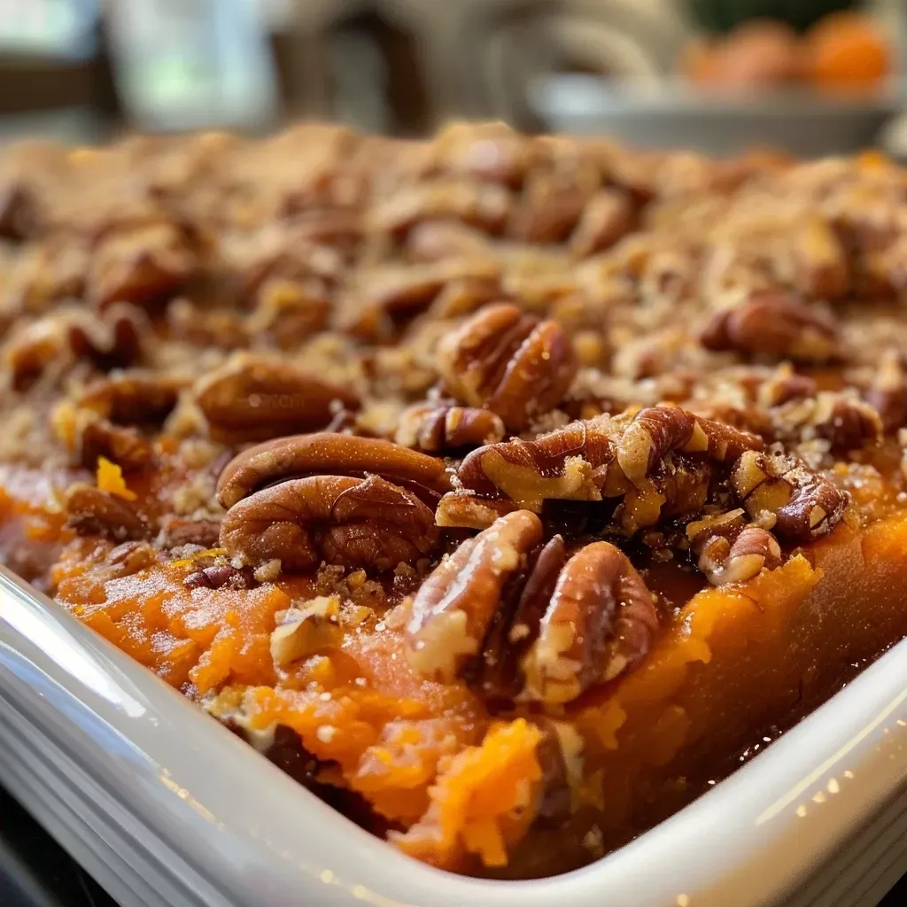 Side view of a golden-brown sweet potato casserole with a crunchy pecan topping.