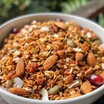 Close-up view of a bowl filled with Classic Winter Spice Granola, showcasing various nuts and dried fruit.