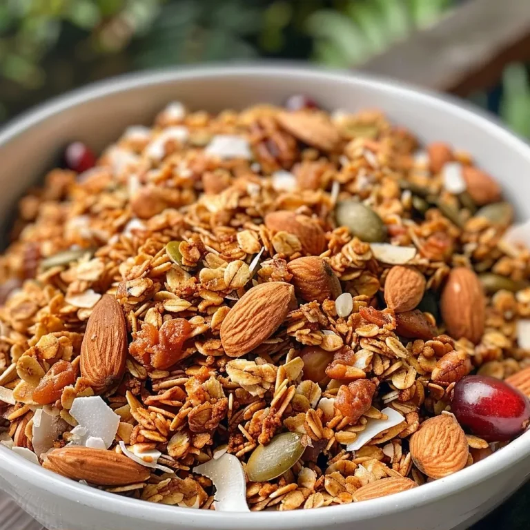 A Heartwarming Bowl of Winter Spice Granola: Comfort in Every Crunch Close-up view of a bowl filled with Classic Winter Spice Granola, showcasing various nuts and dried fruit.