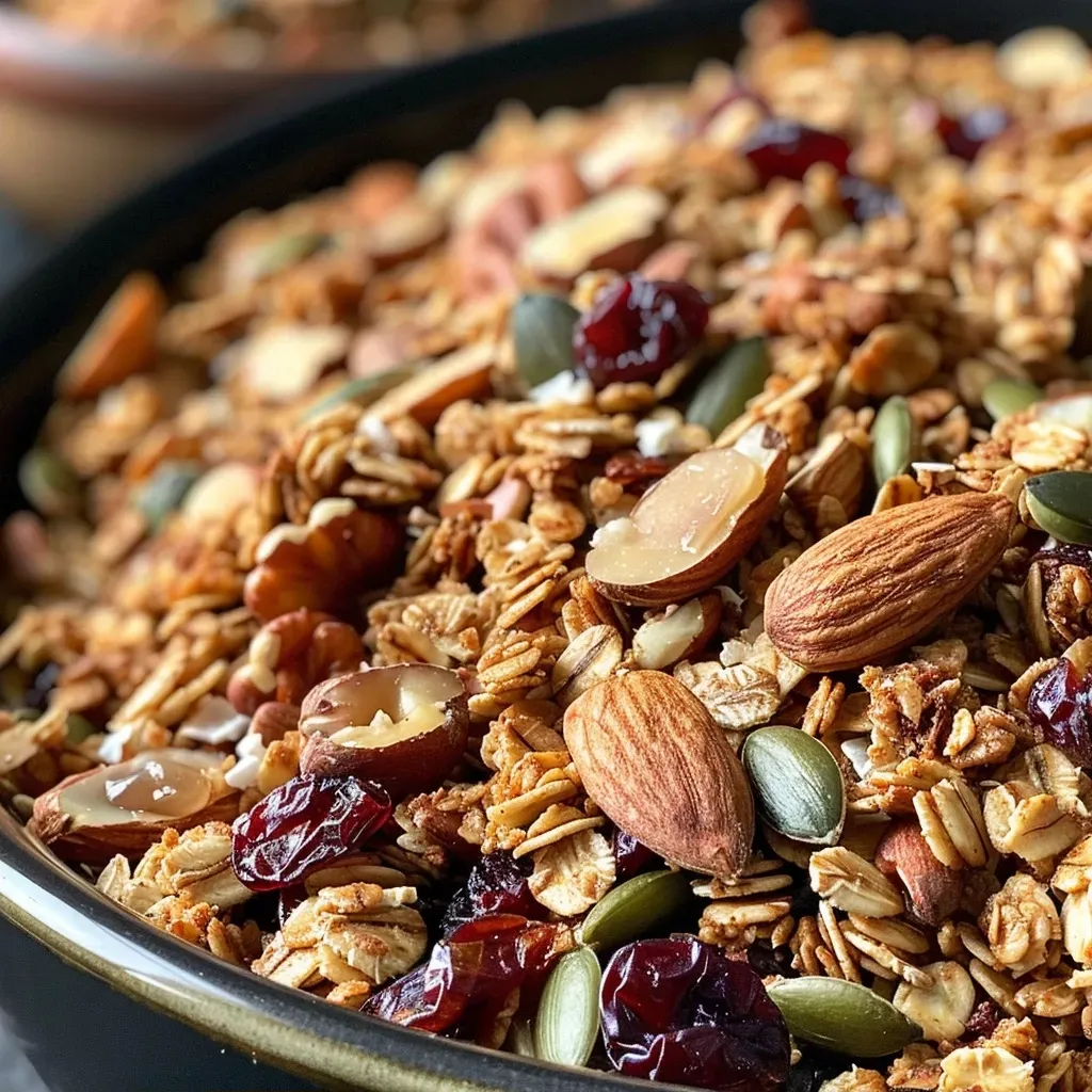Side view of Classic Winter Spice Granola, revealing its texture with almonds, pecans, and cranberries.