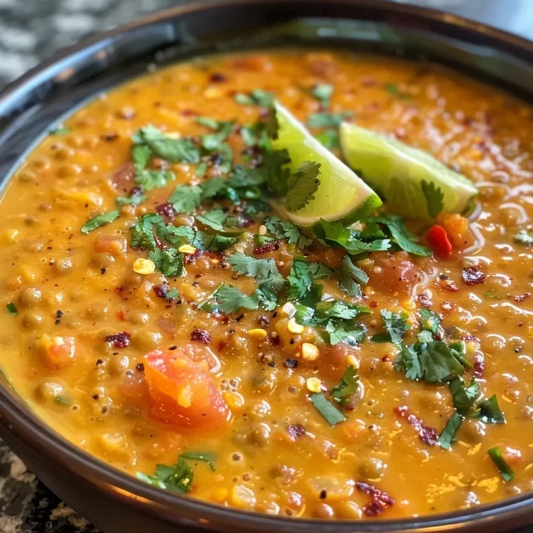 A Warm Embrace in a Bowl: Coconut Curry Lentil Tomato Soup Close-up view of a creamy coconut curry lentil soup with vibrant colors.