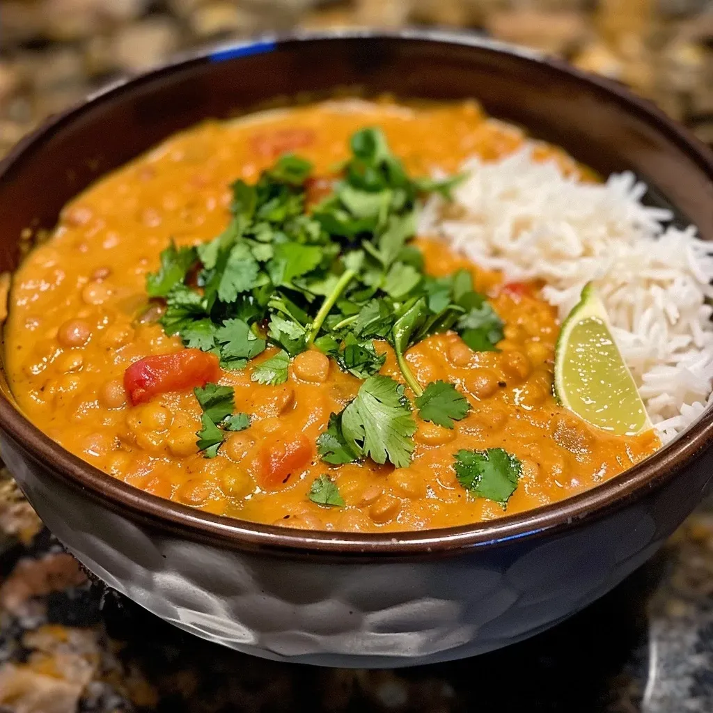Side shot of a bowl filled with rich lentil soup featuring coconut and spices.