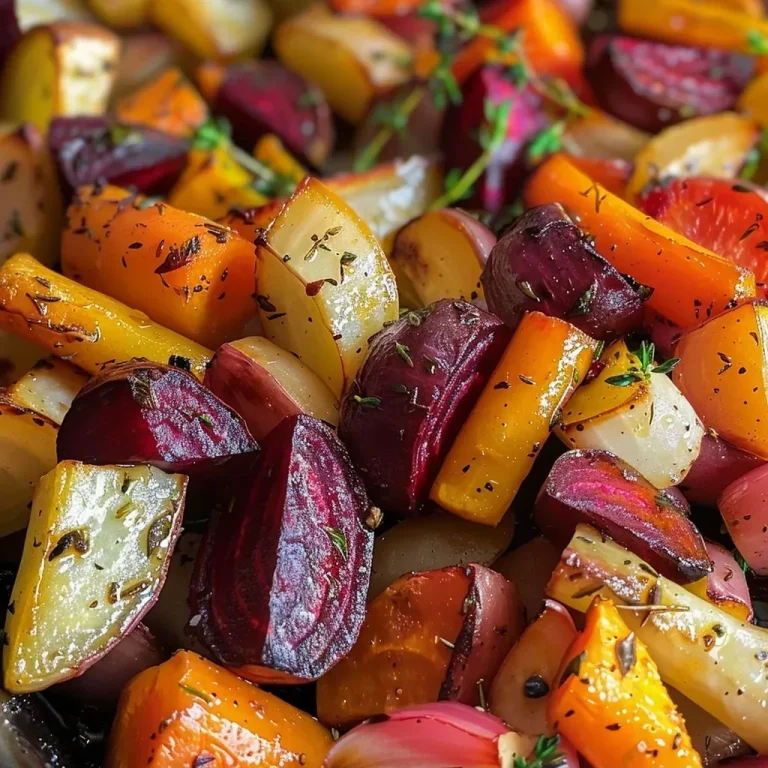 A vibrant display of roasted multicolored root vegetables, including carrots, parsnips, and beetroot, arranged attractively.