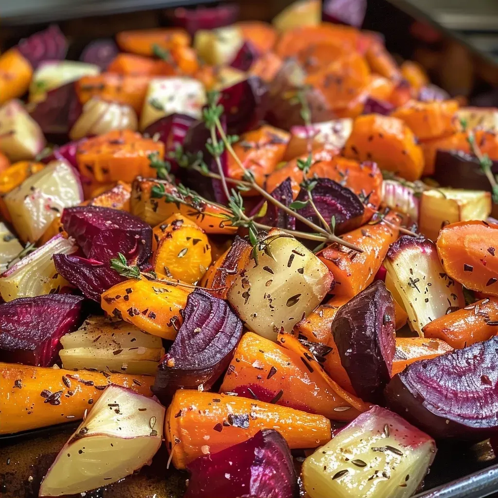 Close-up view of juicy roasted root vegetables with a variety of colors and textures, showcasing carrots, parsnips, and onions.