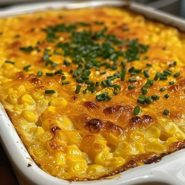 The Heartwarming Corn Pudding Casserole That Brings Family Together Close-up view of a creamy corn pudding casserole with yellow corn kernels.