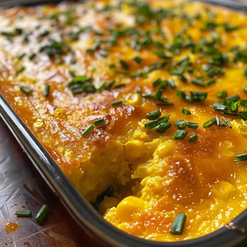 Side view of a baked corn pudding casserole, highlighting its golden, fluffy texture.