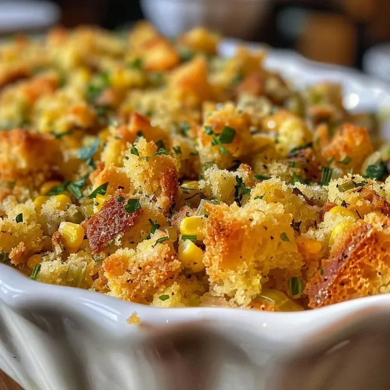Harvest Flavors: A Cornbread Stuffing That Brings Family Together Close-up view of golden brown cornbread stuffing with visible herbs.