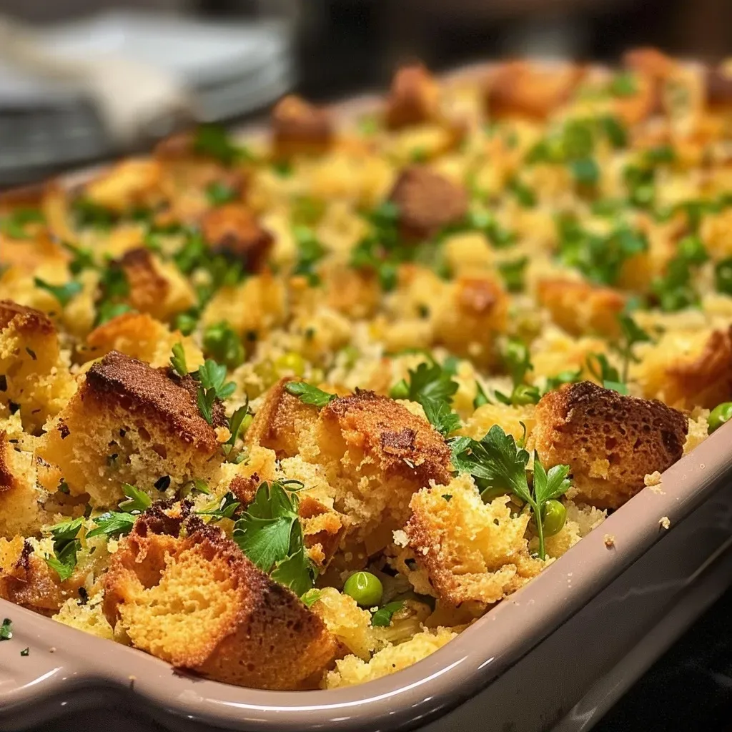 Rich, textured cornbread stuffing featuring chunks of cornbread and green onions.