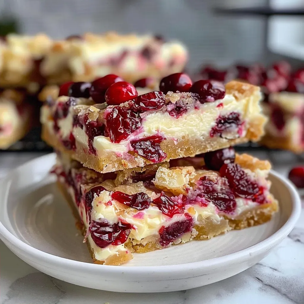 Juicy Cranberry Bliss Bars with a creamy frosting and garnished with dried cranberries.